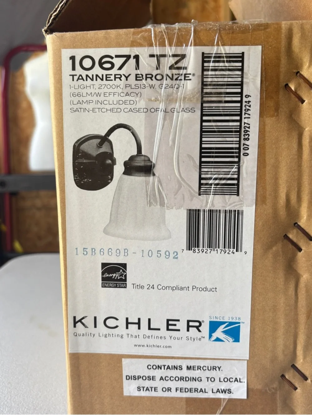 Kichler Tannery Bronze 1-Light wall sconce, new in box, includes light bulb